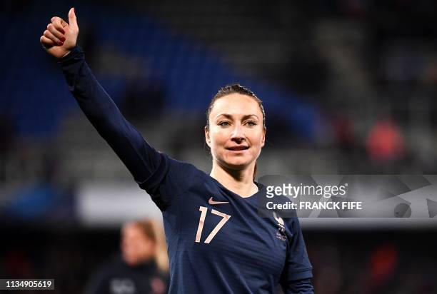 France's forward Gaetane Thiney reacts during the FIFA international friendly football match between France and Japan at the Abbe-Deschamps Stadium...