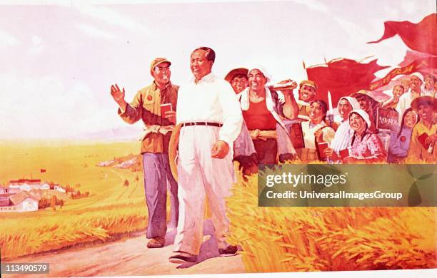 Chinese propaganda poster showing Mao Tse-Tung , Chinese Communist leader, with peasants during the Cultural Revolution of 1966.