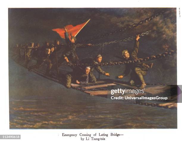 Communist China: May 1935, an incident on the Long March. Crossing the Tatu River at Luting by the bridge of the iron chains. After a painting by Li...