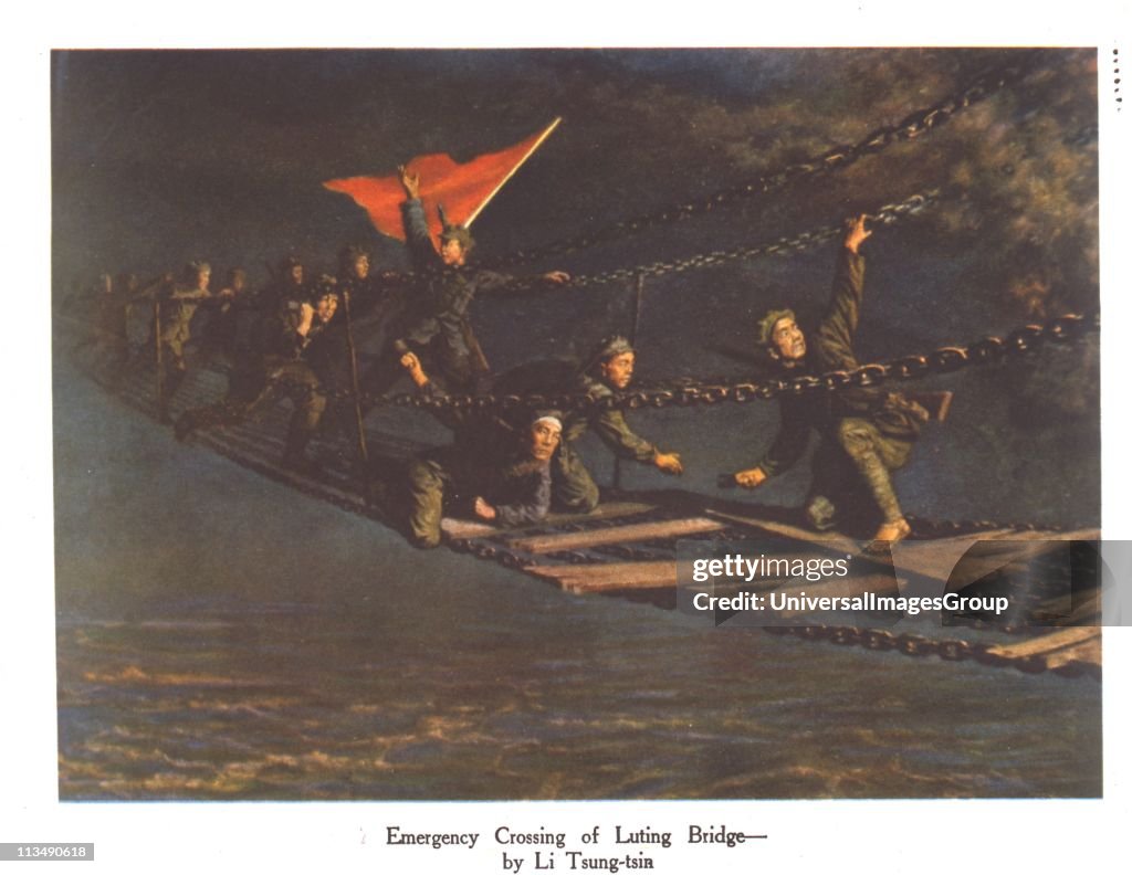 Communist China: May 1935, an incident on the Long March. Crossing the Tatu River at Luting by the bridge of the iron chains. After a painting by Li Tsung-tsir.