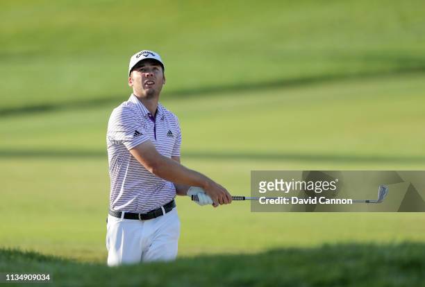 Sam Burns of the United States plays his second shot on the par 4, first hole during the final round of the 2019 Arnold Palmer Invitational at the...