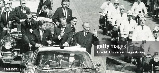 John F Kennedy President of the USA, Willy Brandt and Konrad Adenauer Chancellor of West Germany travelling in Berlin in an open car and...