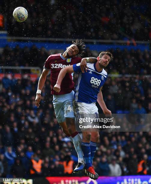 Tyrone Mings of Aston Villa and Lukas Jutkiewicz of Birmingham City compete for the ball in the air during the Sky Bet Championship match between...