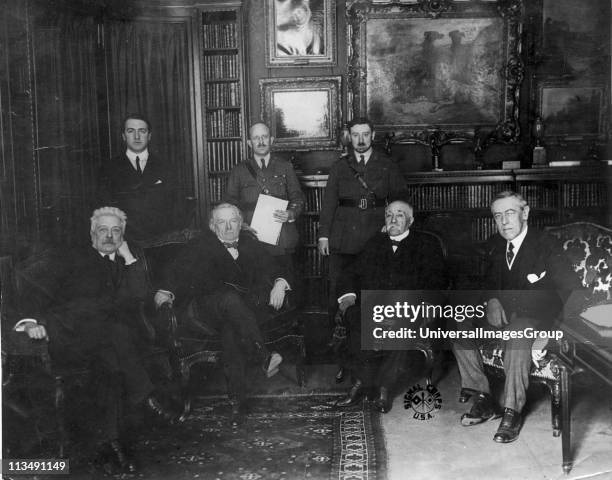 Council of Four at the Versailles Peace Conference 1918. Left to right: Vittorio Emmanuele Orlando, Prime Minister of Italy: David Lloyd George,...