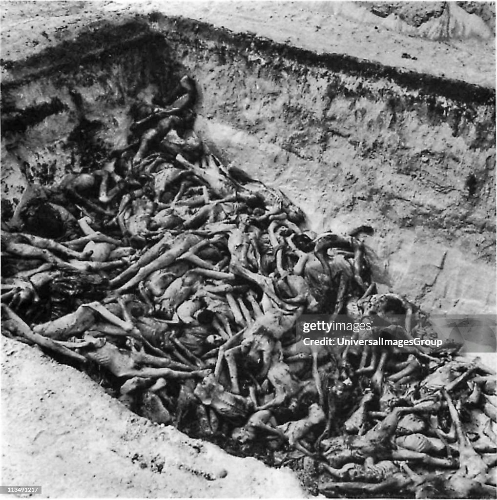 The bodies of the dead lie awaiting burial in a mass grave at the camp at Bergen-Belsen, the Nazi concentration camp in northwest Germany. ...