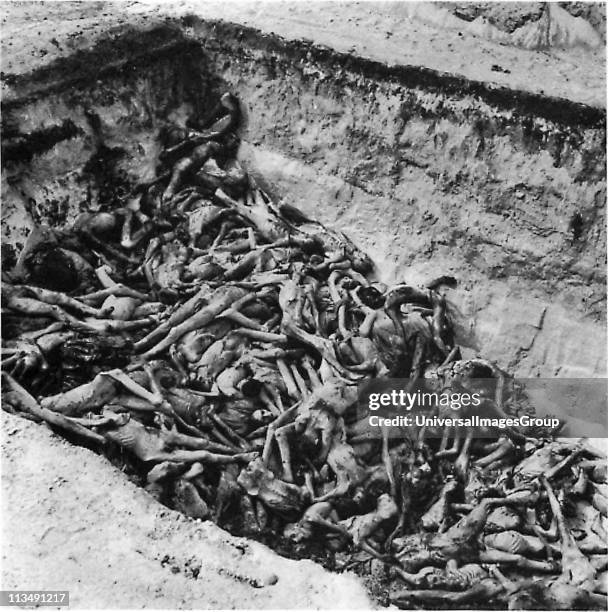 The bodies of the dead lie awaiting burial in a mass grave at the camp at Bergen-Belsen, the Nazi concentration camp in northwest Germany.