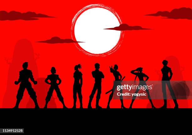 vector anime manga characters team silhouette - anime stock illustrations