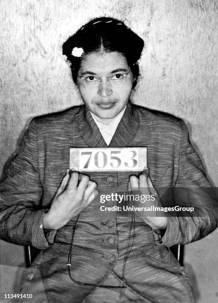 Booking photo of American civil rights activist, Rosa Parks, following her February 1956 arrest during the Montgomery bus boycott. The boycott was...