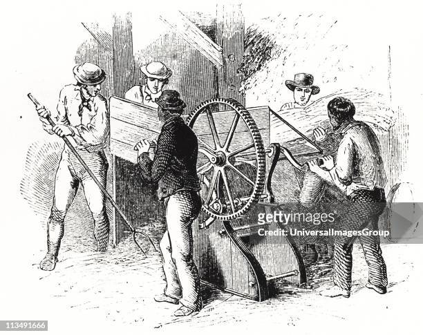 Hand-powered threshing machine by Barrett, Exall & Andrews. These machines were more efficient than the traditional threshing with flails, the...