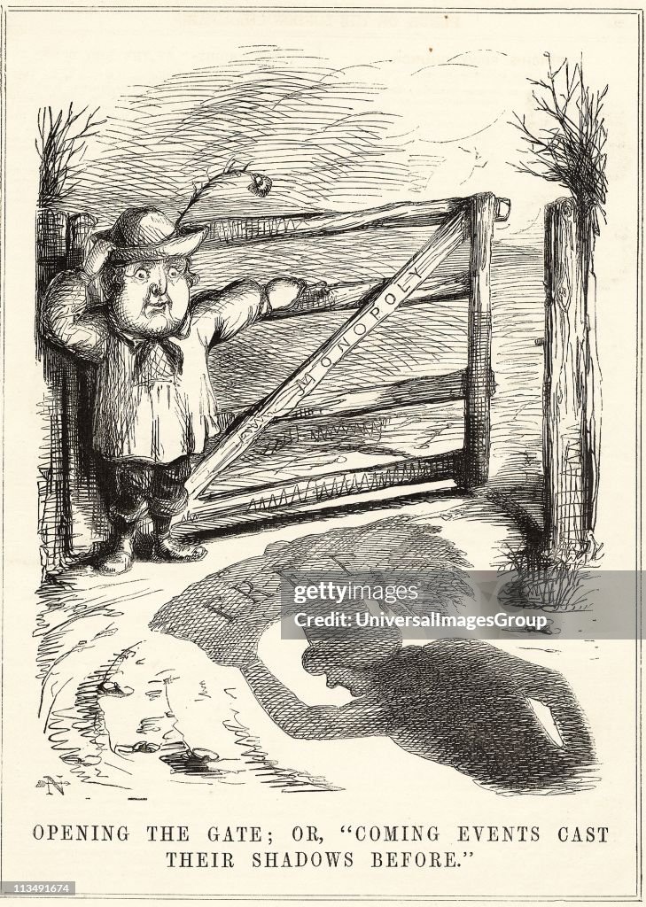 Abolition of the Corn Laws: Robert Peel (1788-1850), Conservative protectionist Prime Minister, opening the gate to Free Trade and the Anti-Corn Law League. The shadow is that of Richard Cobden (1804-1865). Cartoon from 'Punch', London, 1845.