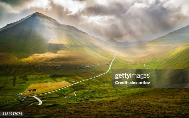 view on valley near gjogv, faroe islands - faroe islands stock pictures, royalty-free photos & images