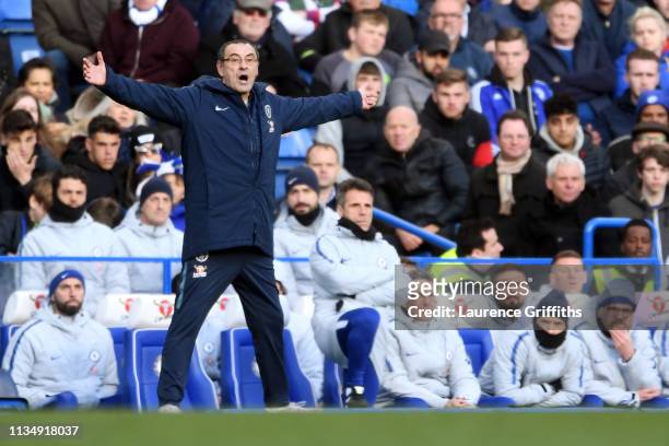 Maurizio Sarri, Manager of Chelsea reacts during the Premier League match between Chelsea FC and Wolverhampton Wanderers at Stamford Bridge on March...