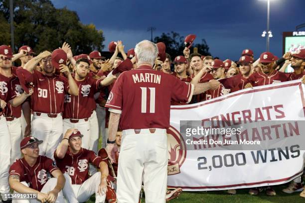 Head Coach Mike Martin of the Florida State Seminoles addresses his team after the game against Virginia Tech on Mike Martin Field at Dick Howser...