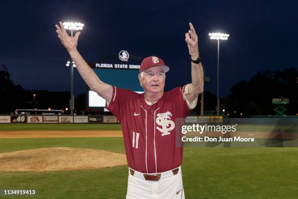 Head Coach Mike Martin of the Florida State Seminoles acknowledge the fans after the game against Virginia Tech on Mike Martin Field at Dick Howser...