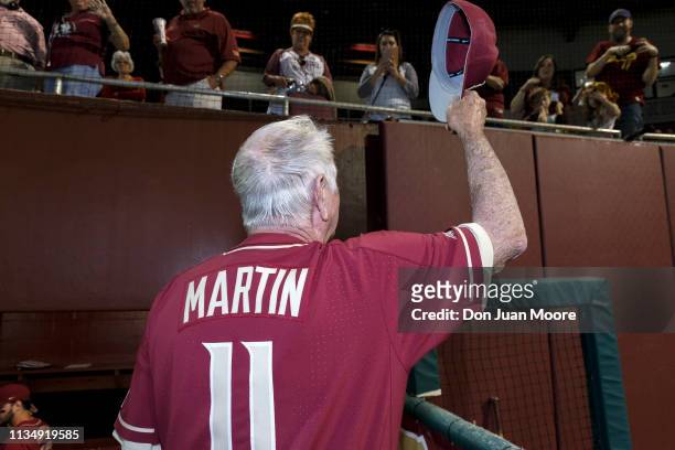 Head Coach Mike Martin of the Florida State Seminoles acknowledge the fans after the game against Virginia Tech on Mike Martin Field at Dick Howser...