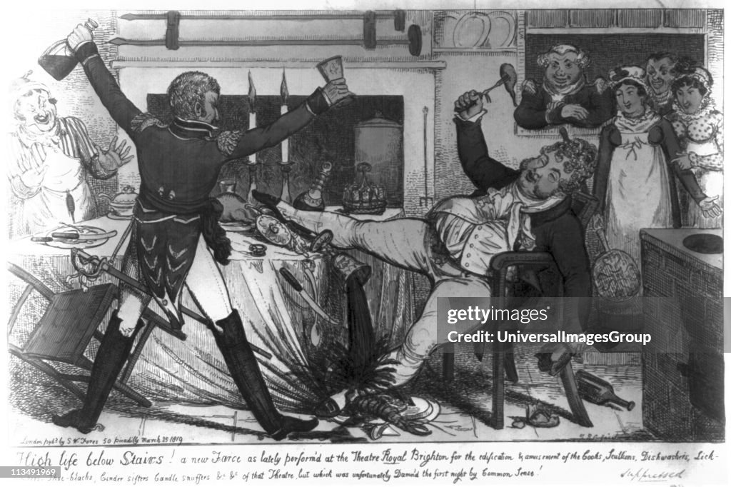 High Life Below Stairs: Prince Regent, later George IV, very drunk, eating supper in the kitchen of the Brighton Pavilion. Cartoon by George Cruikshank Snr, London, 1819.