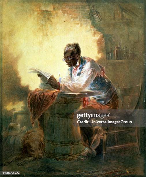 African American man reading a newspaper with the headline 'Presidential Proclamation, Slavery' which refers to President Lincoln's Emancipation...