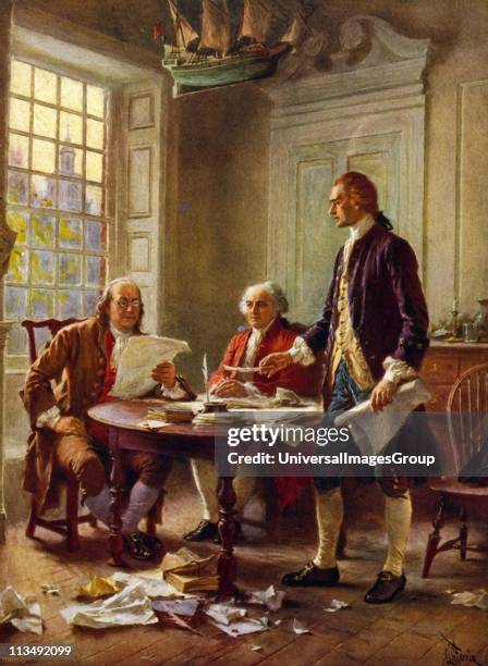 Writing the Declaration of Independence, 1776': Benjamin Franklin, left, John Adams meeting at Thomas Jefferson's, standing, lodgings in Philadelphia...