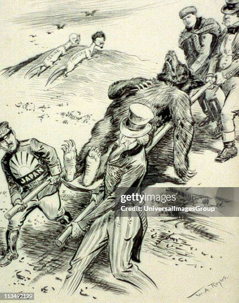 Anti-Communist cartoon of 1918 by W.A. Rogers published during the Red Scare, 1917-1919.. 'A Hospital Case': Allies carry a wounded bear while Lenin...