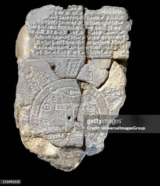 Babylonian world map, c600 BC, the earliest known map of the world. Clay tablet with cuneiform script at top. Writing Cartography Ancient...