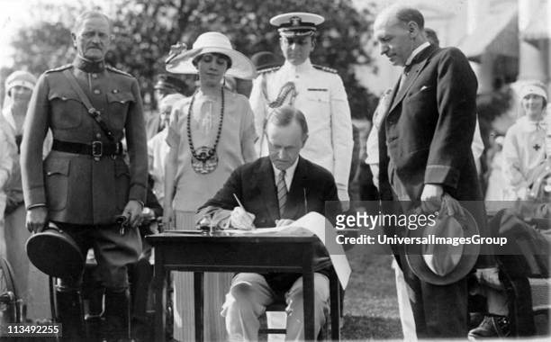 John Calvin Coolidge 30th President of the USA 1923-1929 , signing Veterans' Bill and other bills on the White House Lawn, 1924. General of the...