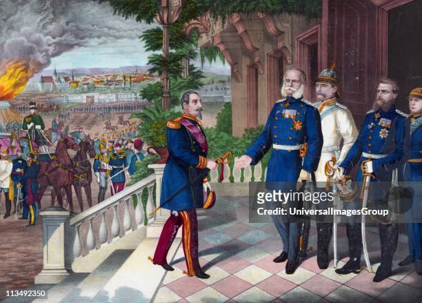 Franco-Prussian War 1870-1871: Napoleon III of France surrendering his sword to Wilhelm I of Germany on 2 September 1870 after overwhelming defeat of...