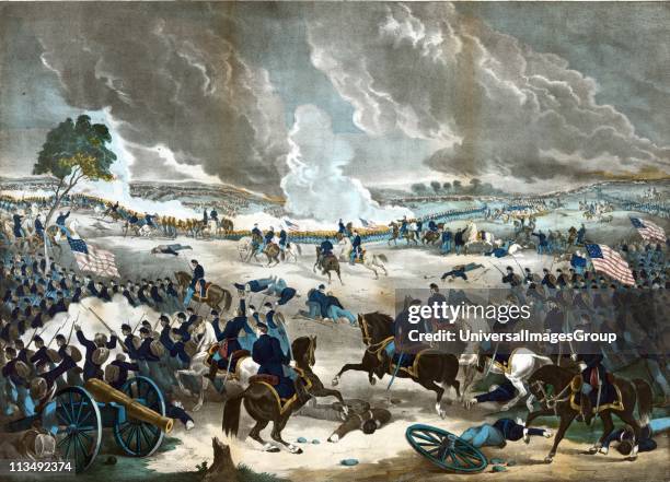 American Civil War 1861-1865: Battle of Gettysburg 1-3 July 1863, ending Lee's invasion of the North. Union infantry advancing from the right. Print...