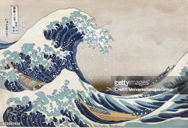 The Great Wave off the coast at Kanagawa, c1830. From 'Thirty-six Views of Mount Fuji', c1831. Katsushika Hokusai Japanese Ukiyo-e artist. Men crouch...