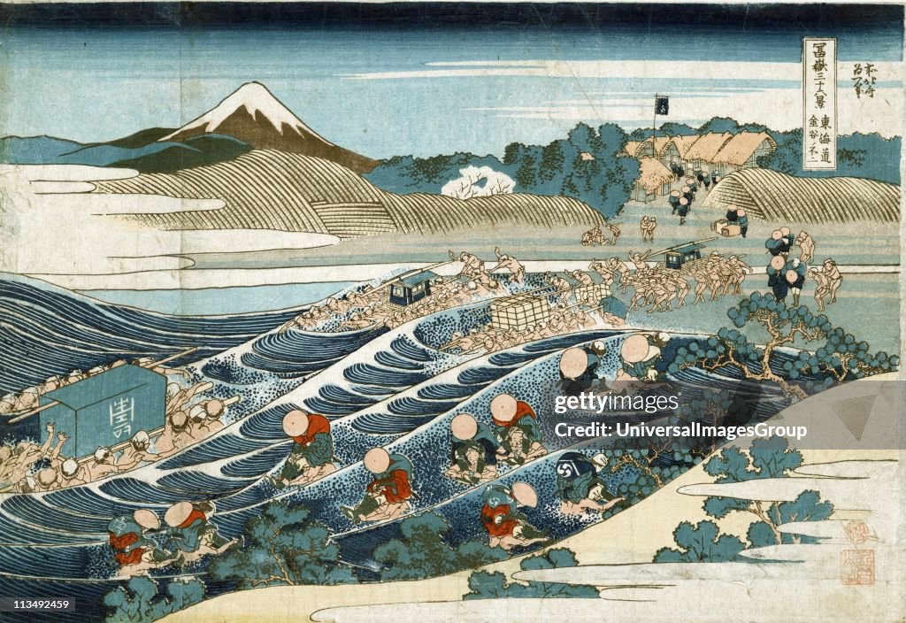 Fuji at Kanaya on the Tokaido Road. From 'Thirty-six Views of Mount Fuji', c1831. Katsushika Hokusai (1760-1849) Japanese Ukiyo-e artist. Porters carrying litter, sedan chairs, goods and individuals across the Oi River. Water Ford...