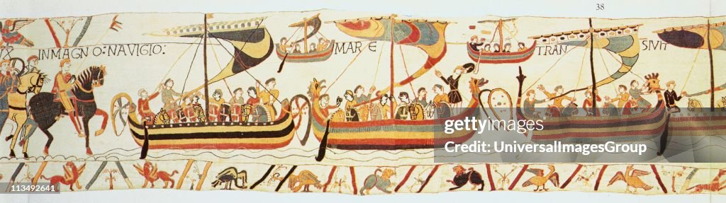 Bayeux Tapestry 1067: William of Normandy's (William the Conqueror) fleet setting sail for England. They landed at Pevensey on the south coast on 28 September 1066. Defeated Harold II at Battle of Hastings on 14 October. Textile...