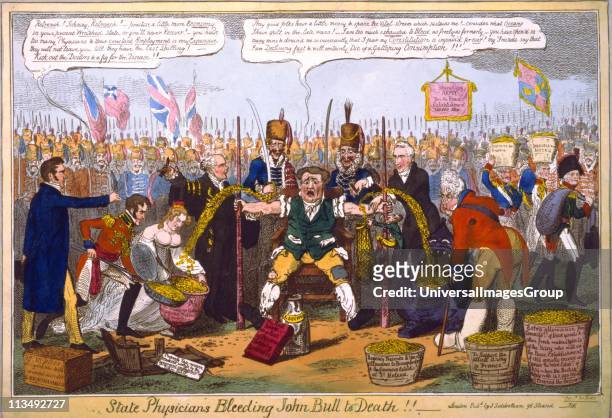 State Physicians Bleeding John Bull to Death, G Cruikshank cartoon 1816. From left: Lord Brougham, Prince Leopold and Princess Charlotte, Chancellor...
