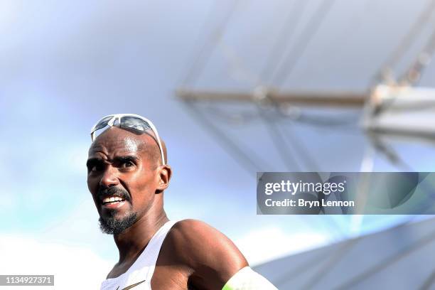 Sir Mo Farah of Great Britain looks on after winning the men's Vitality Big Half on March 10, 2019 in London, England.