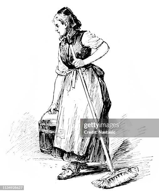 old woman cleaning - antique auction stock illustrations