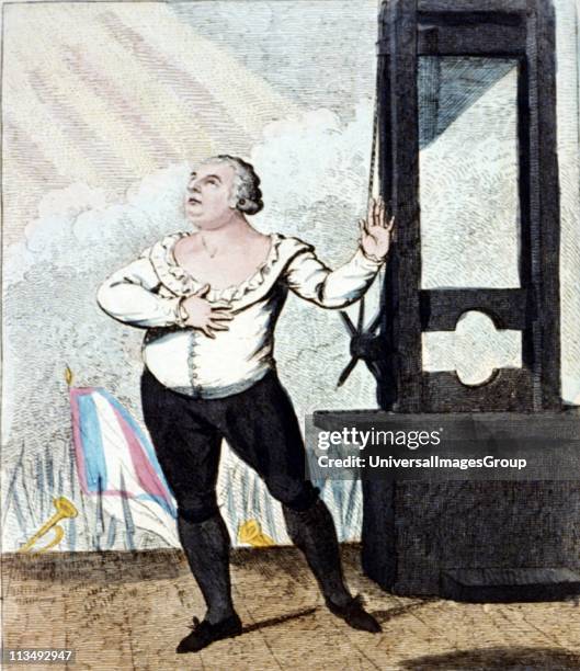 The martyrdom of Louis XVI , King of France -I forgive my enemies, I die innocent' Isaac Cruikshank, 1798. Louis in dramatic pose on the scaffold,...