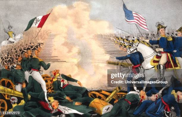 Mexican-American War 1846-1848: Battle of Buena Vista, 23 February 1847, also known as Battle of Angostura. Mexicans under Santa Anna in green,...