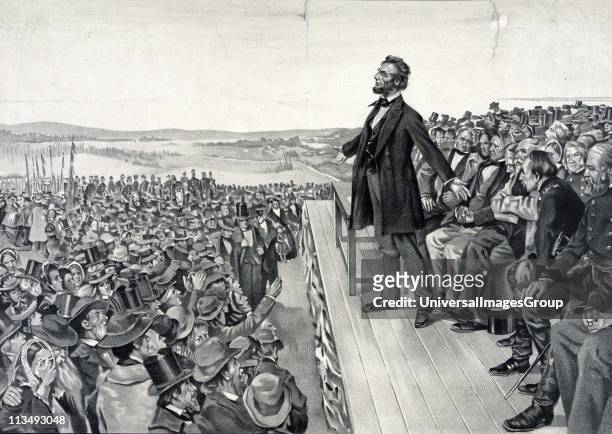 Abraham Lincoln making his famous address on 19 November 1863 at the dedication of the Soldiers' National Cemetery at Gettysburg on the site of the...