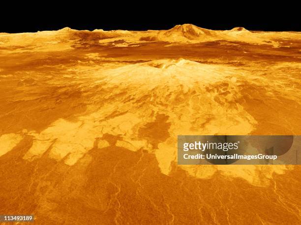 Computer-generated view of surface of the planet Venus dominated by the volcano Sapas Mons. Lava flows extend for hundreds of kilometres across the...