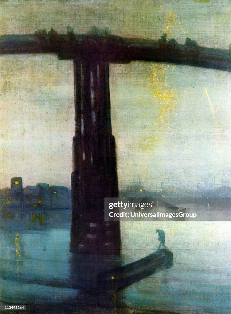 Nocturne: Blue and Gold - Old Battersea Bridge', 1872-1875. Oil on canvas. James Abbott McNeill Whistler (1834-1903) American painter based in Britain. Night Water Reflection River Thames London England Transport Barge