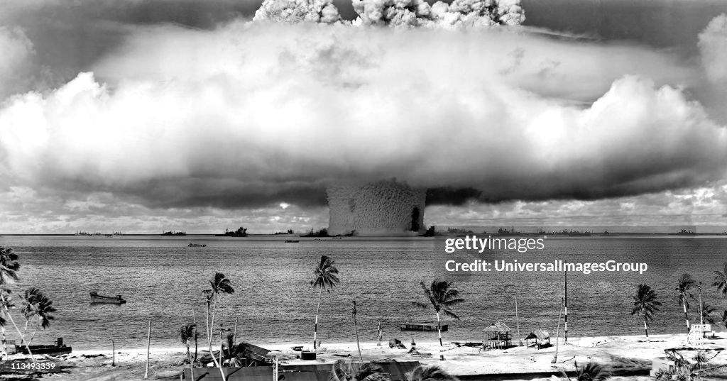 United States detonating an atomic bomb at Bikini Atoll in Micronesia in the first underwater test of the device, 1946. ...