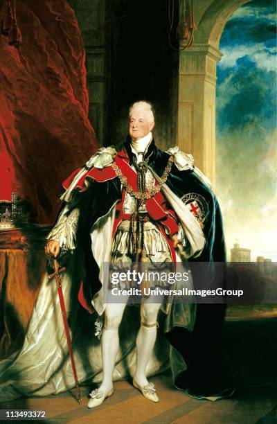 William IV King of United Kingdom . Portrait by Sir Martin Archer Shee of William in robes of Order of the Garter. Crown on table, Windsor Castle...