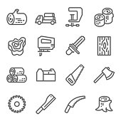 Wooden Icon Set. Contains such Icons as Chainsaw, Log, Axe and more. Expanded Stroke