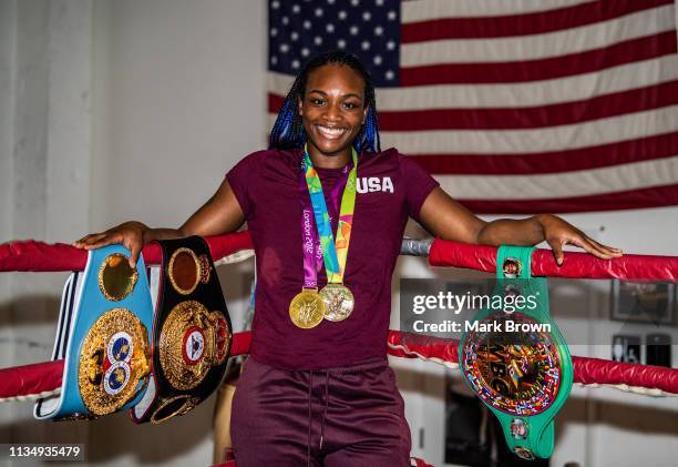 And IBF Middleweight World Champion Claressa Shields poses for the media before her workout at 5th Street Gym on April 4, 2019 in Miami, Florida....