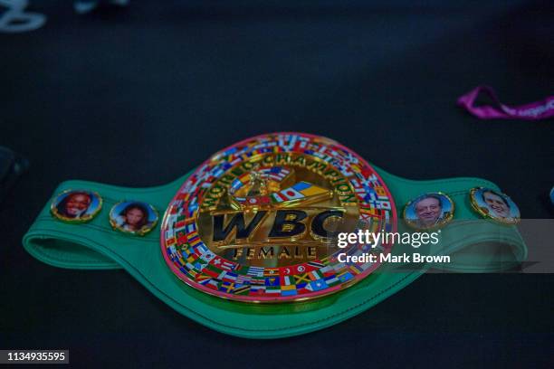 Detailed view of the WBC belt of Middleweight World Champion Claressa Shields on display before her workout for the media at 5th Street Gym on April...