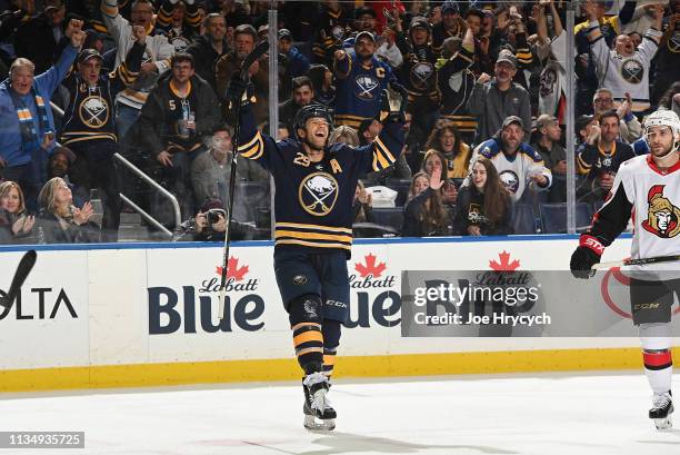 Jason Pominville of the Buffalo Sabres celebrates his third period goal against the Ottawa Senators during an NHL game on April 4, 2019 at KeyBank...