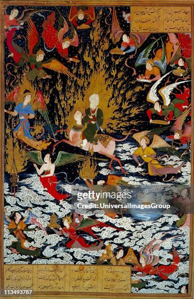 Persian miniature 1550 AD depicting the Prophet Muhammad ascending on the Burak into Heaven, a journey known as the Miraj