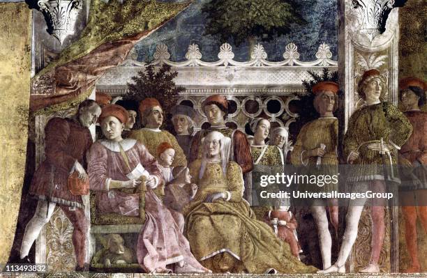 Andrea Mantegna Italian Renaissance painter. ' The Court of Mantua' 1471-74. Fresco Camera degli Sposi Ducal Palace, Mantua, Italy). At the left,...