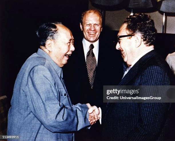 2nd December 1975: Copy of President Ford Secretary of State Henry Kissinger with Mao Tse-Tung: Chairman of Chinese Communist Party, during a visit...
