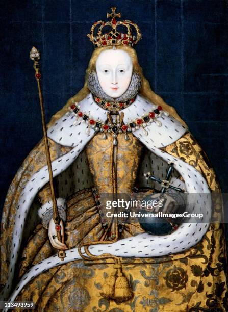 Elizabeth I in coronation robes. Elizabeth I queen of England from 1558. Daughter of Henry VIII and Anne Boleyn, she was the last Tudor