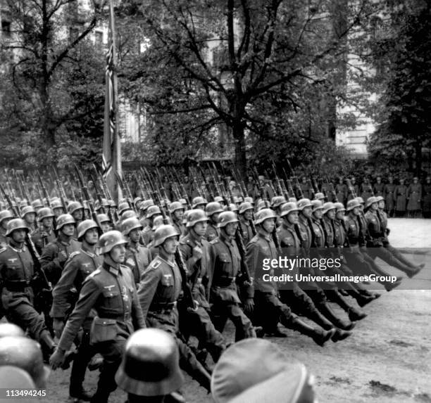 German soldiers parading in Warsaw after the invasion of Poland during World War II, September 28 - 30th, 1939. From a series of stereographic views,...