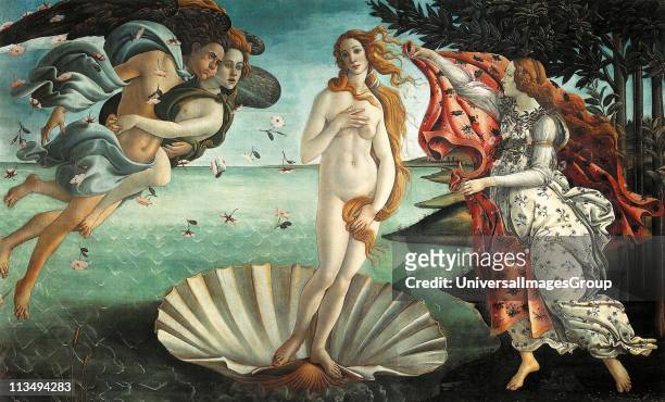 The Birth of Venus' 1486: painting by the Italian Renaissance painter Sandro Botticelli c. 1445 It depicts the goddess Venus, having emerged from the...